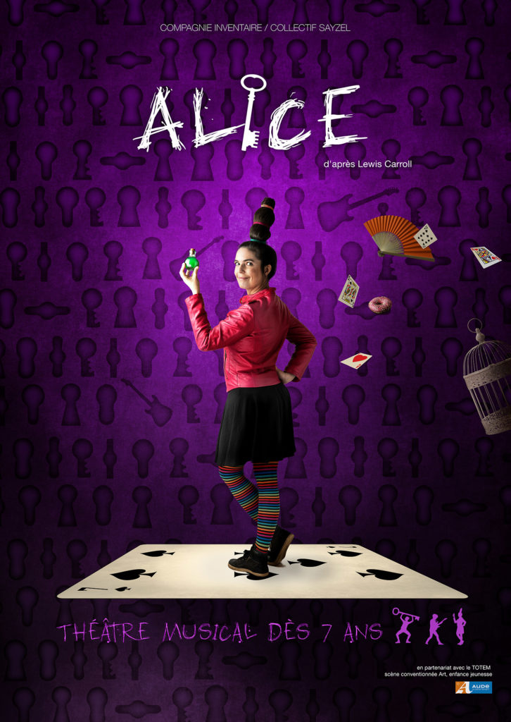 affiche spectacle théâtral et musical Alice adapté d'Alice aux pays des merveilles de Lewis Carroll
