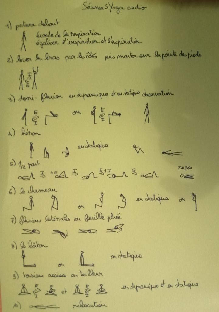 séance 5 de yoga audio postures dessinées le chameau, le demi-pont, la demi flexion avant, le héron le bâton, la torsion assise
