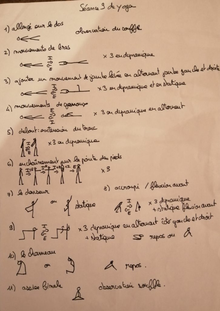 dessins de la séance 9 de yoga en audio, posture principale le danseur, puis le chameau